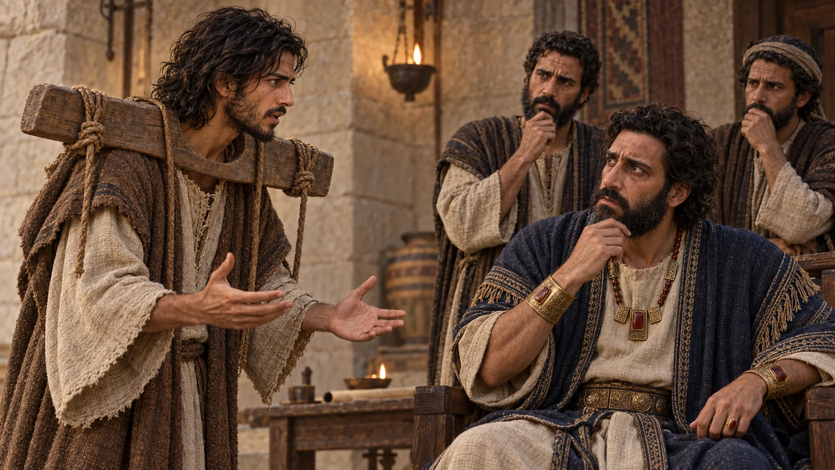 Jeremiah speaks before the uneasy king while wearing the yoke.
