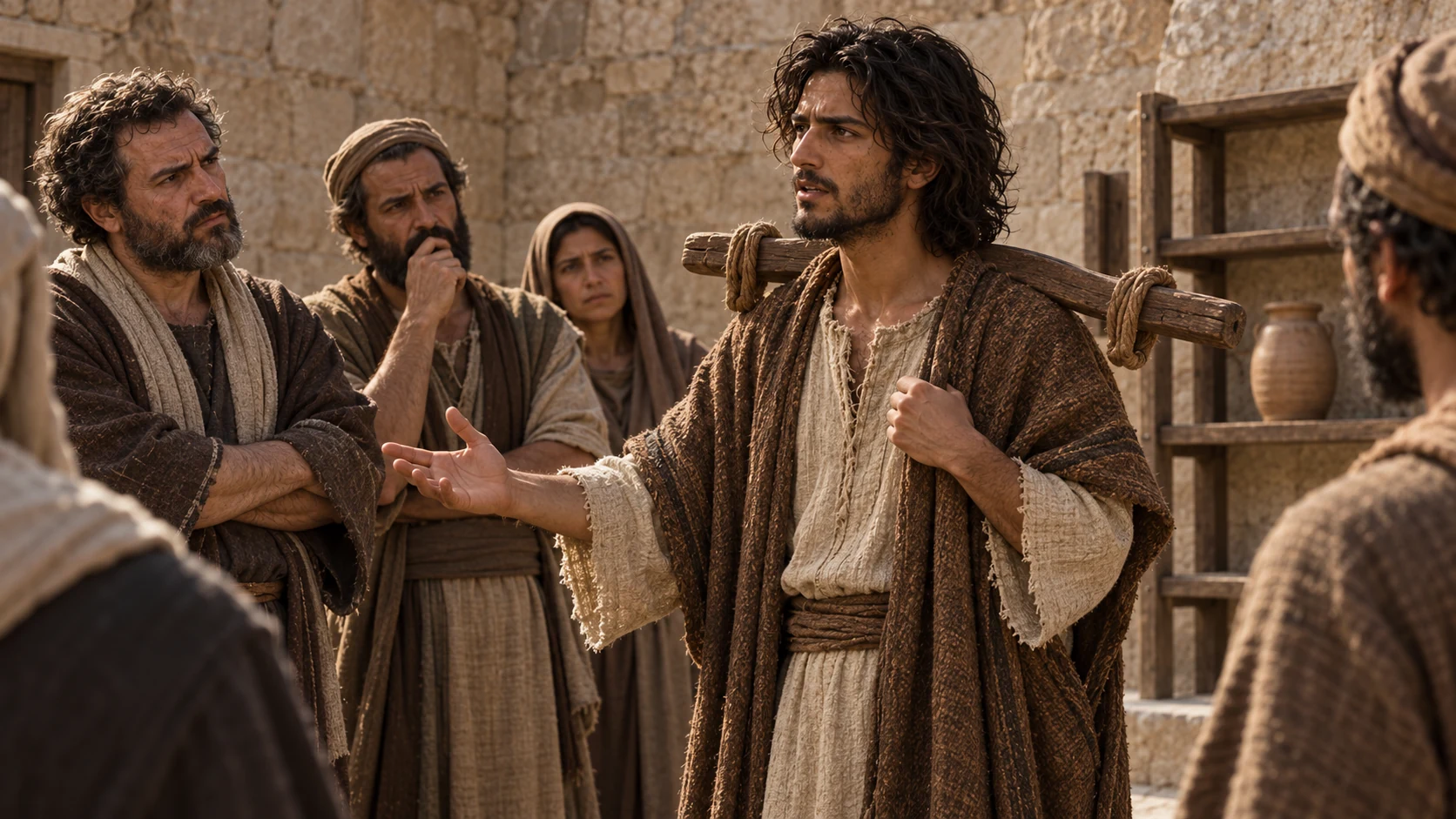 Jeremiah addresses priests and villagers near sparse shelves.