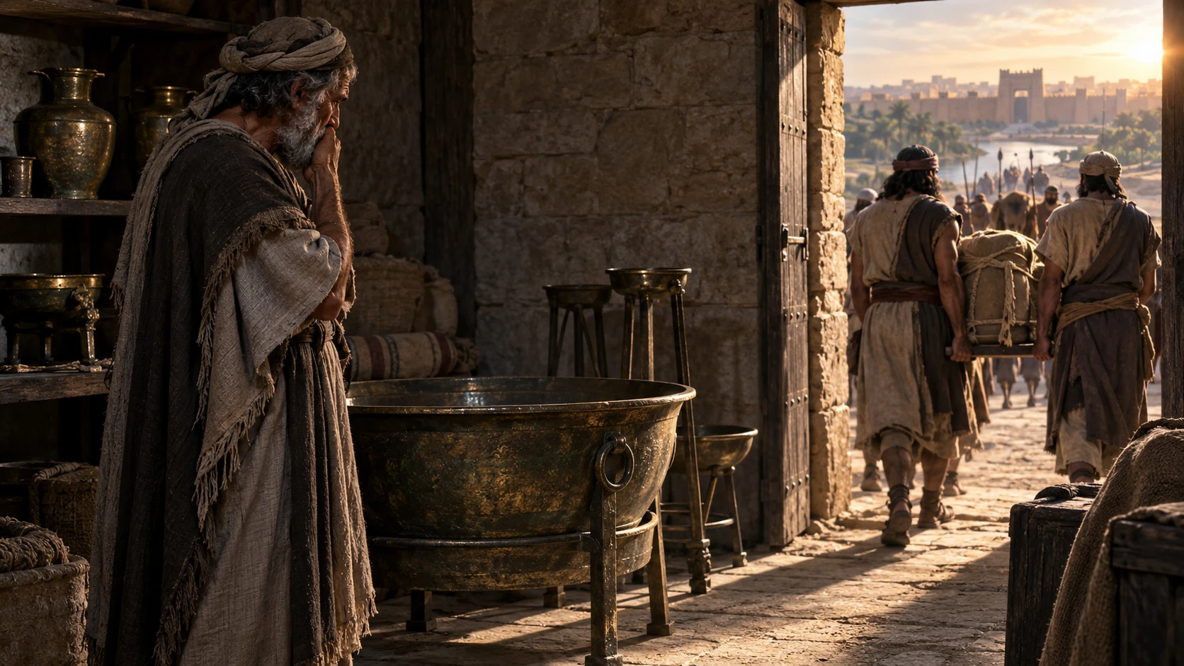 A keeper watches attendants carry a vessel away from a storeroom.