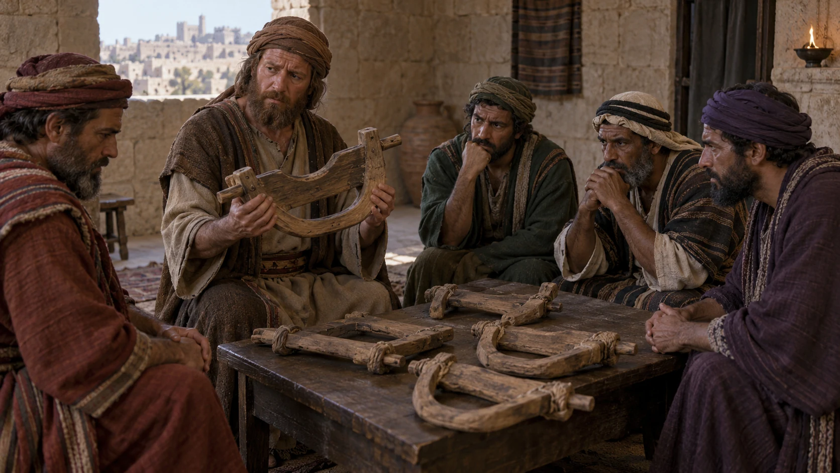 Five envoys examine wooden yokes in Jerusalem.