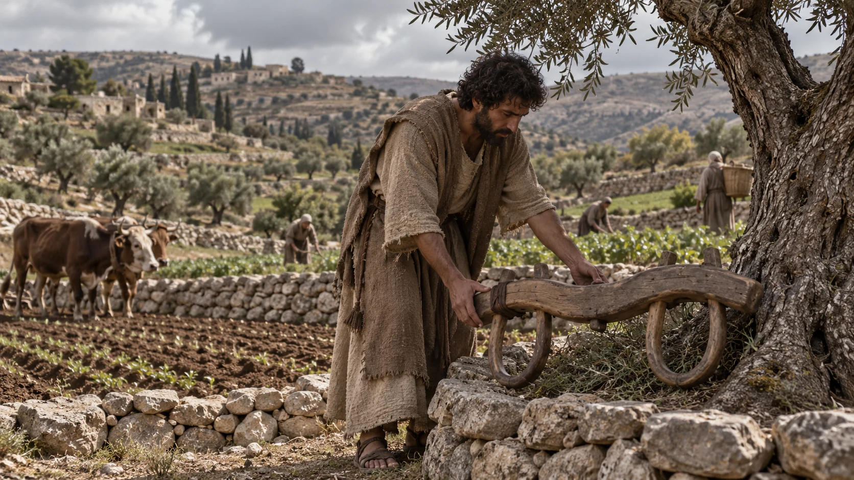 A farmer rests a yoke beside a living olive tree and field.