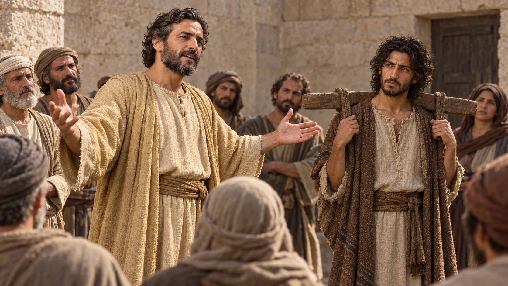 Hananiah addresses priests and villagers as Jeremiah listens under the yoke.