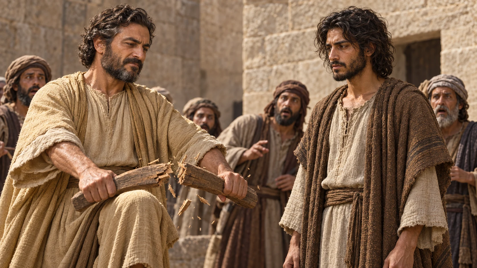 Hananiah snaps the yoke while Jeremiah stands grave.
