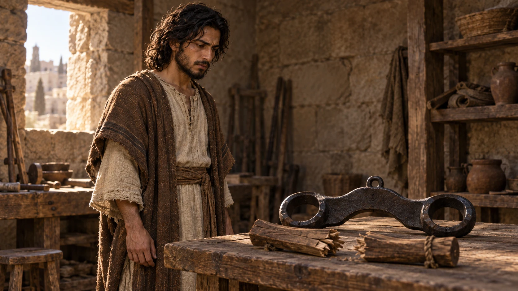 Jeremiah contemplates an iron yoke and the broken wooden pieces.
