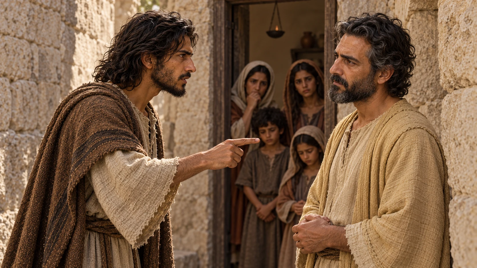 Jeremiah warns Hananiah as his worried family look on.