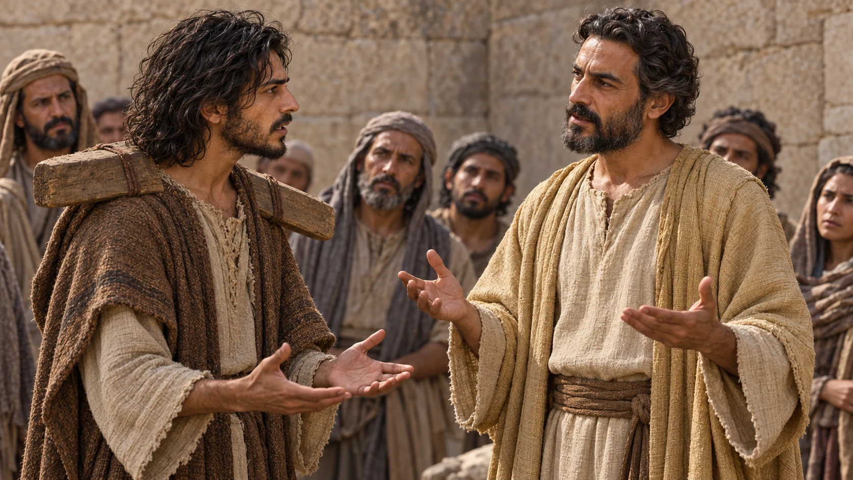 Jeremiah and Hananiah speak before attentive onlookers.