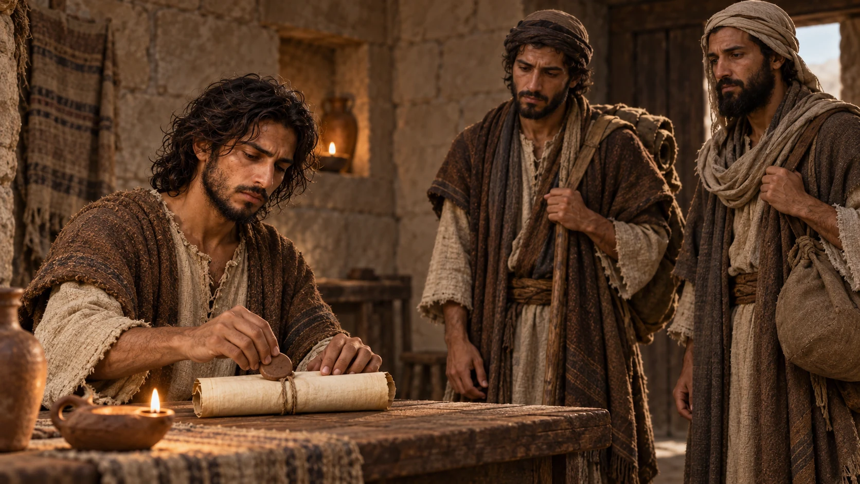 Jeremiah seals a letter as two messengers wait.
