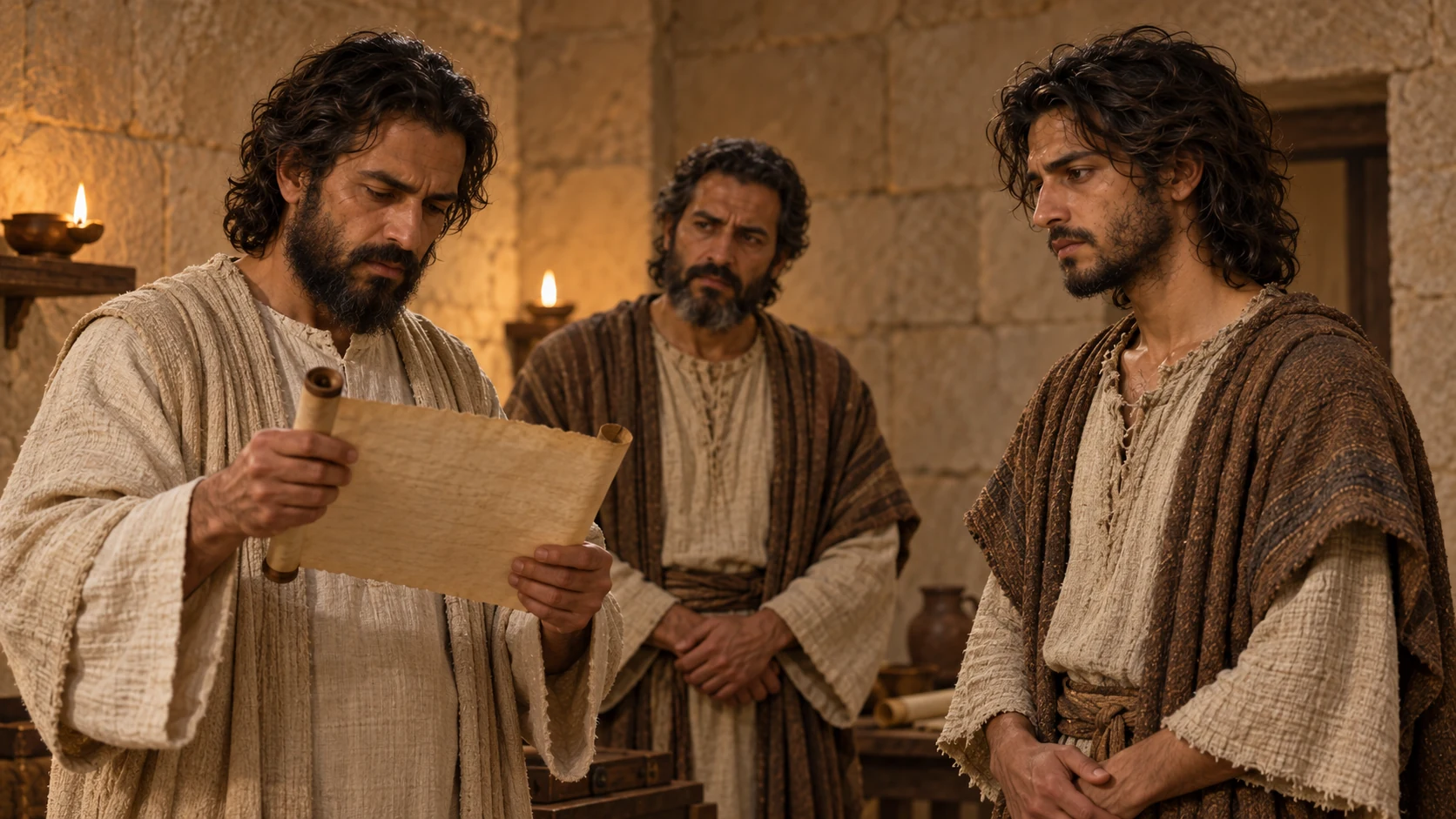 A priest reads a letter as Jeremiah listens.