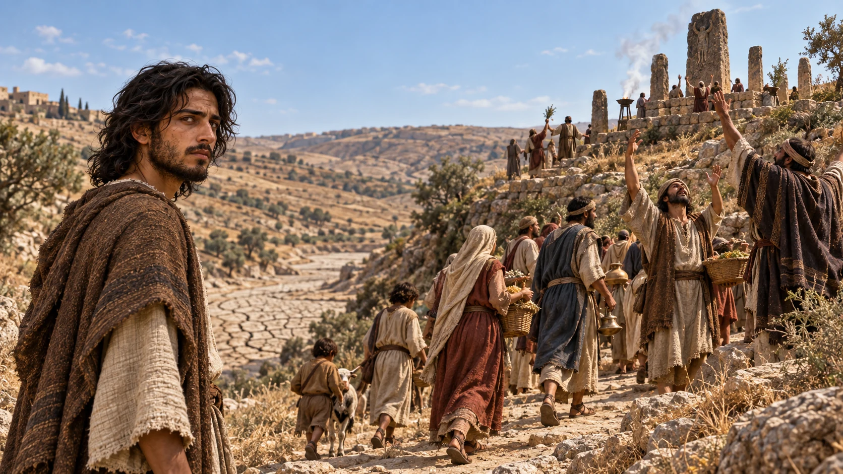 Jeremiah watches families pass a high-place shrine under a rainless sky.