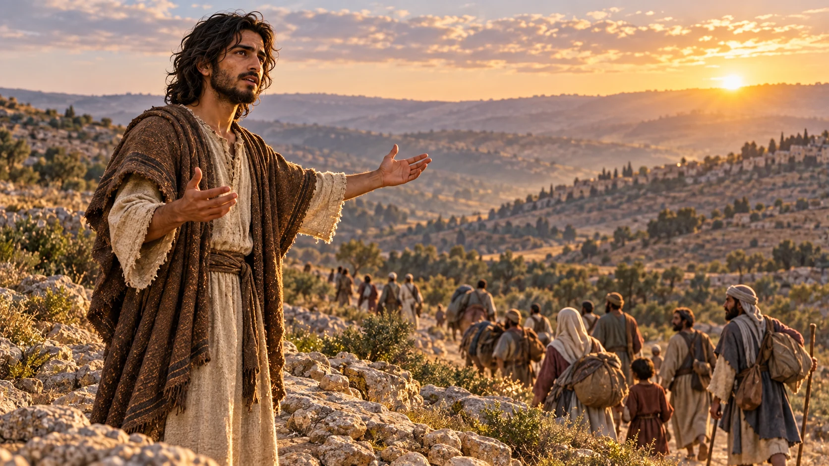 Jeremiah opens his arms toward scattered families on the northern road.