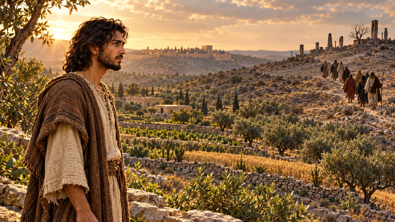 Jeremiah stands by fruitful terraces while a distant group walks toward barren high places.
