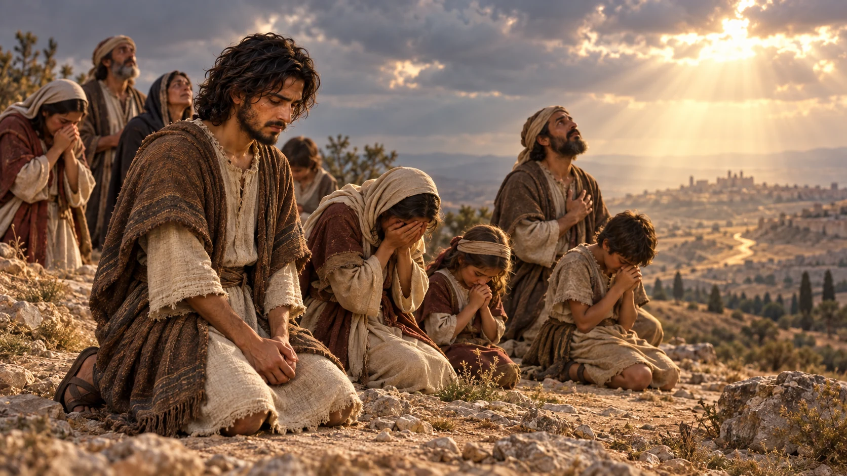 Jeremiah kneels with families who weep on a bare hill and turn toward new light.