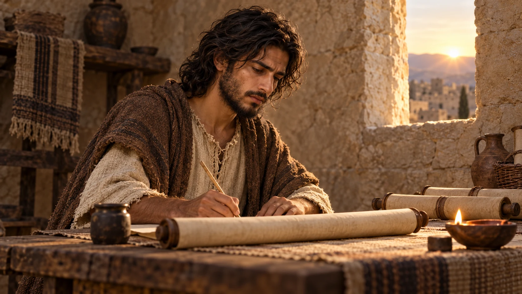 Jeremiah writes a scroll in a stone room at sunrise.