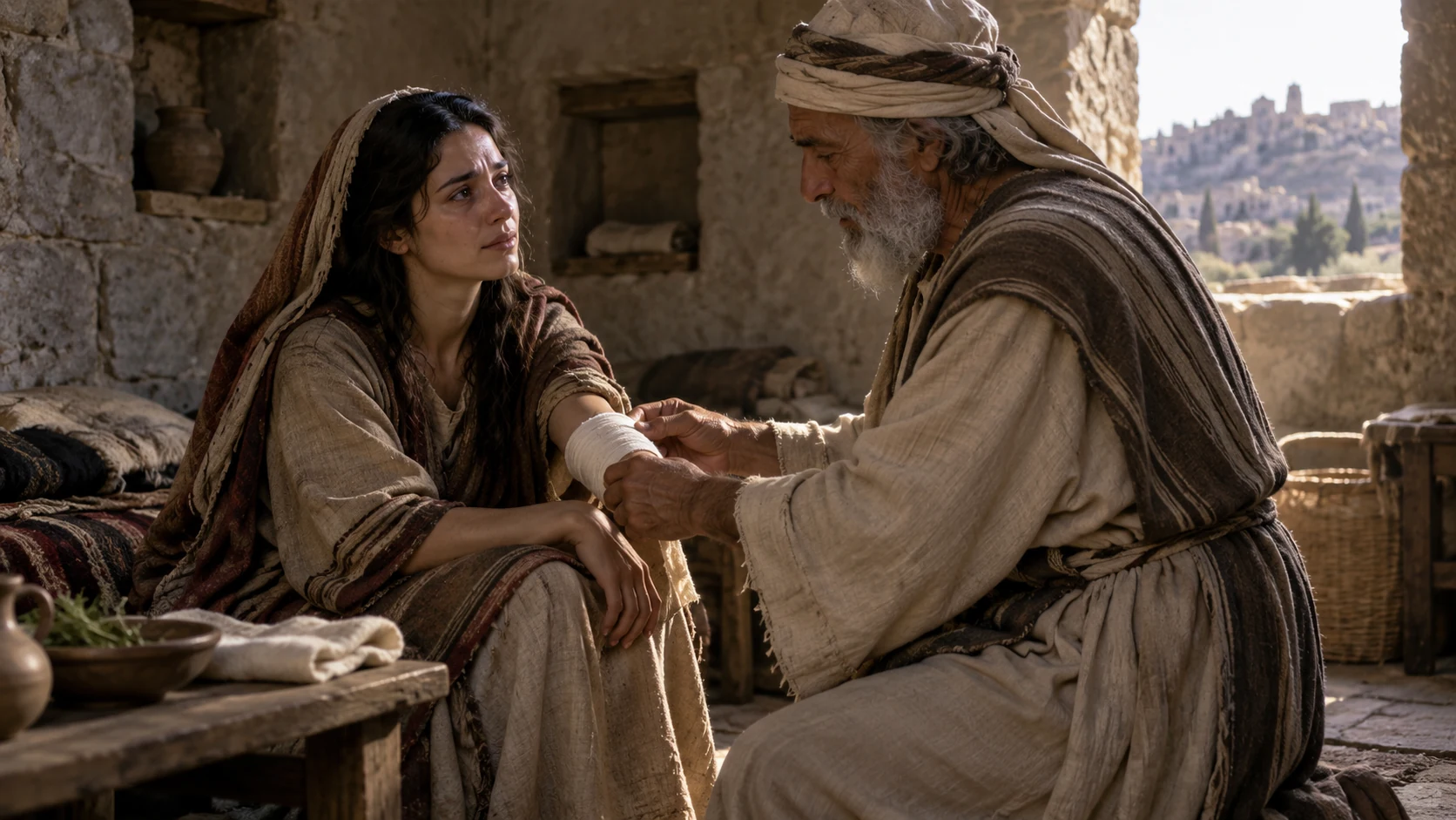 An older healer changes a woman’s bandage.