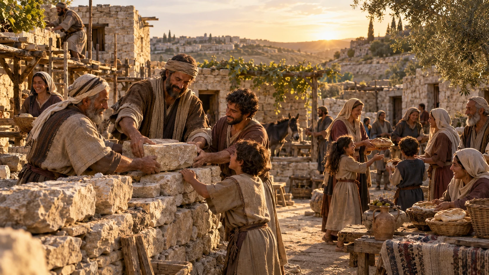 Families rebuild stone houses and share bread.