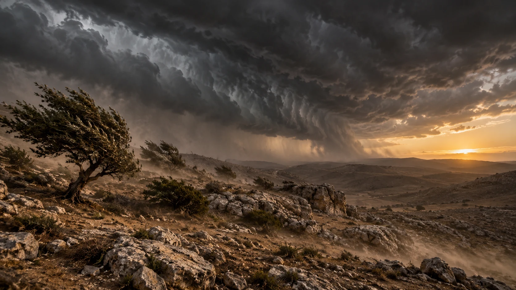 A vast storm bends trees over an empty rocky ridge.