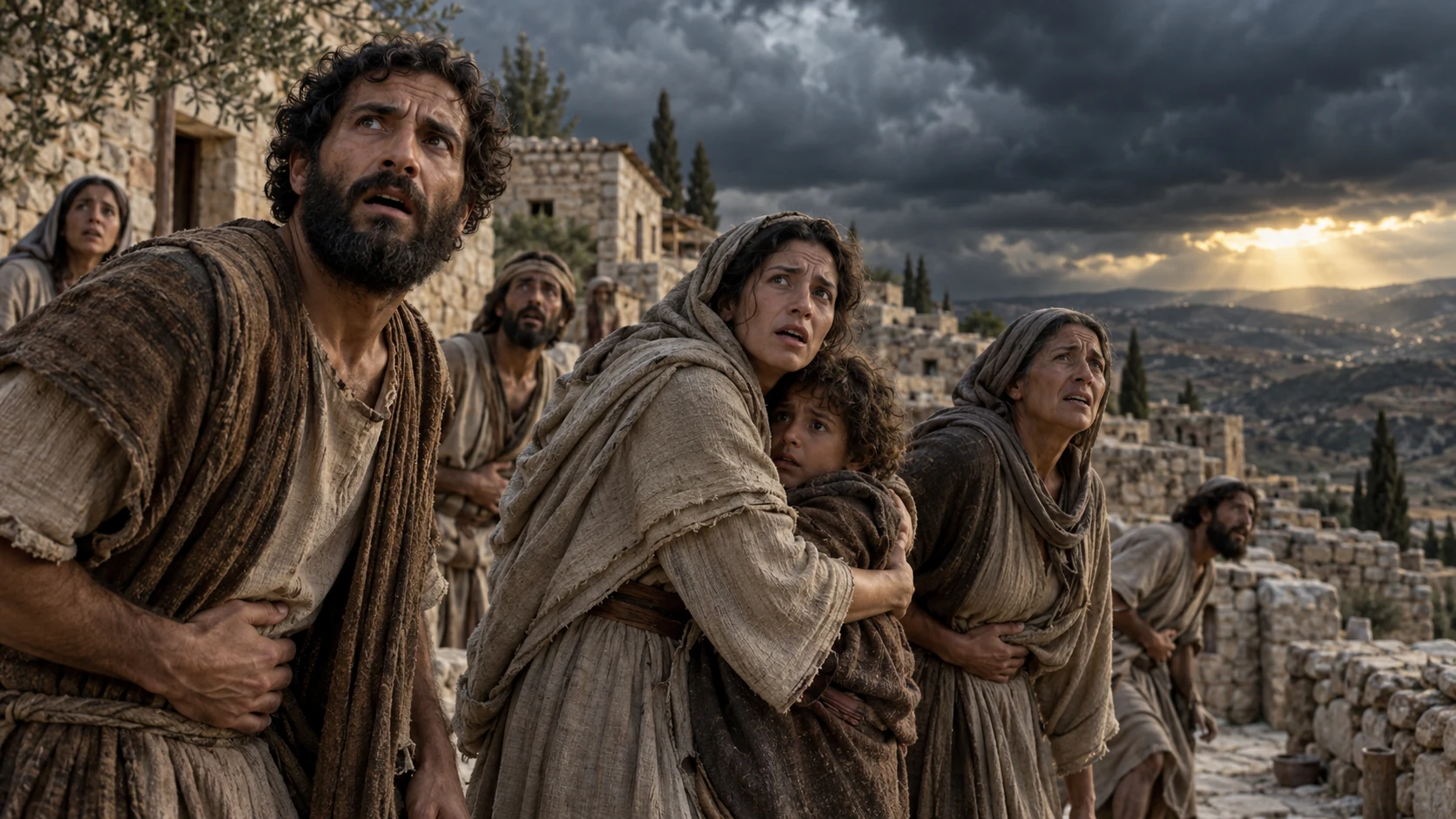 Families brace beneath storm clouds in a Judean hill town.