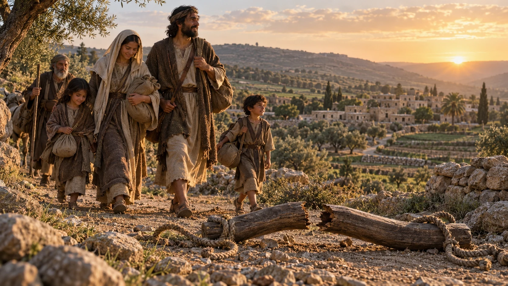A family walks home past a broken yoke.