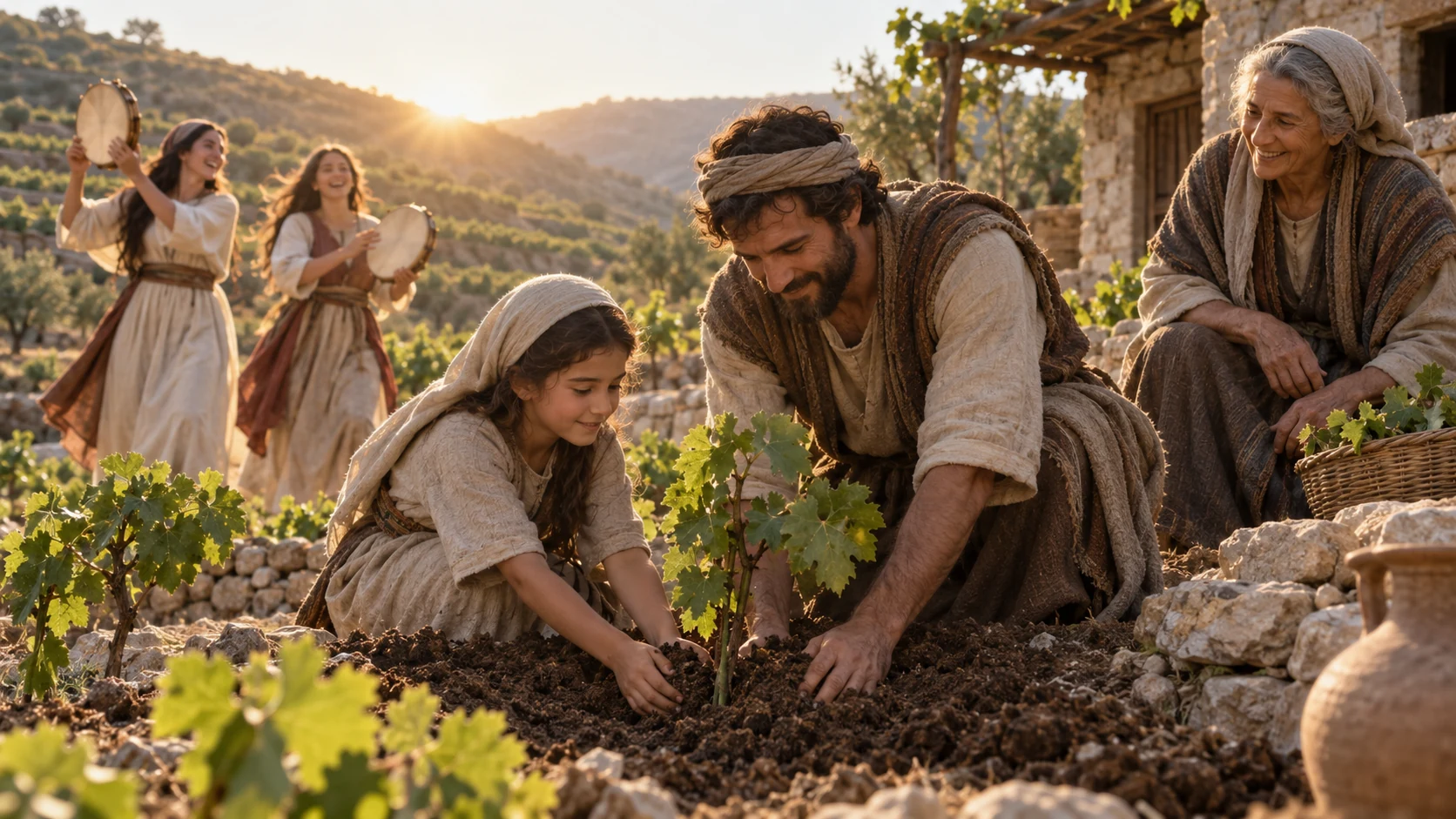 An Israelite family replants vines as neighbors rejoice.
