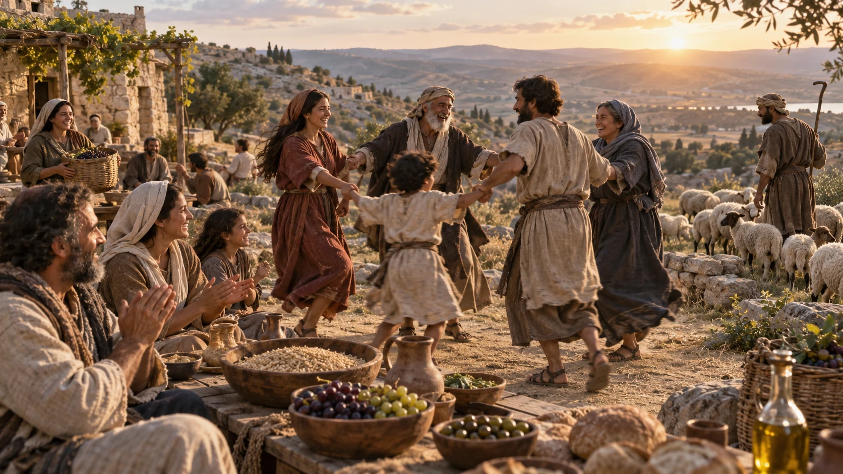 Young and old dance near a harvest meal and resting flock.