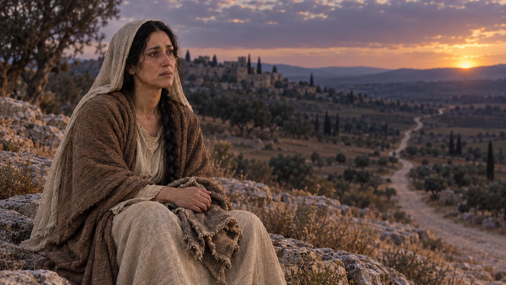 Rachel grieves beside a folded child’s cloak on the road near Ramah.