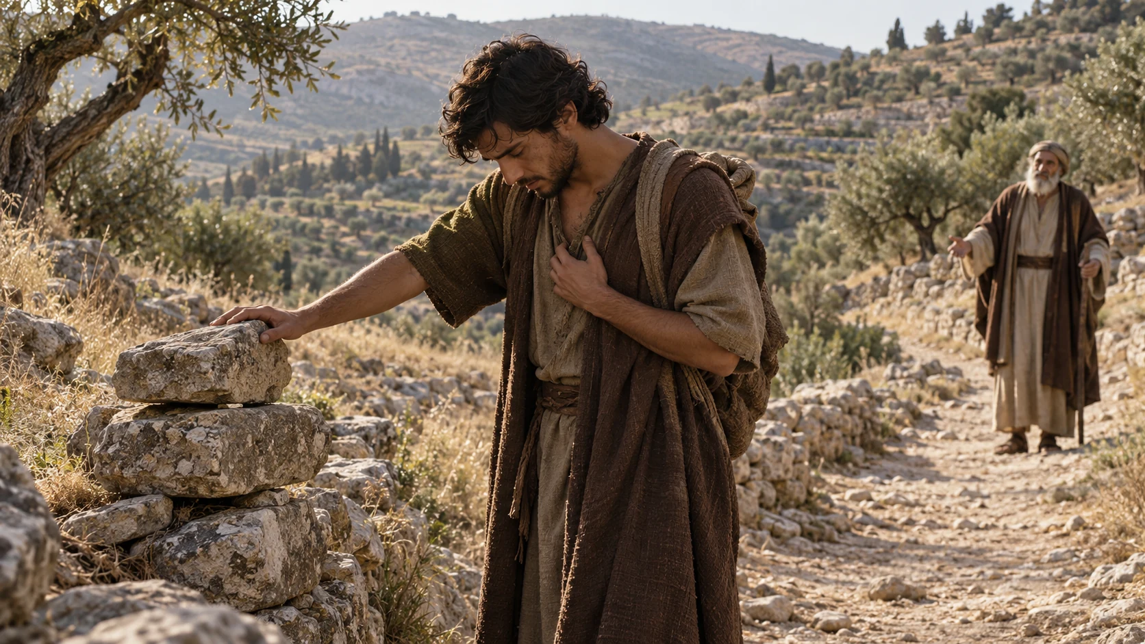 A repentant traveler pauses at a stone waymarker as his father waits.
