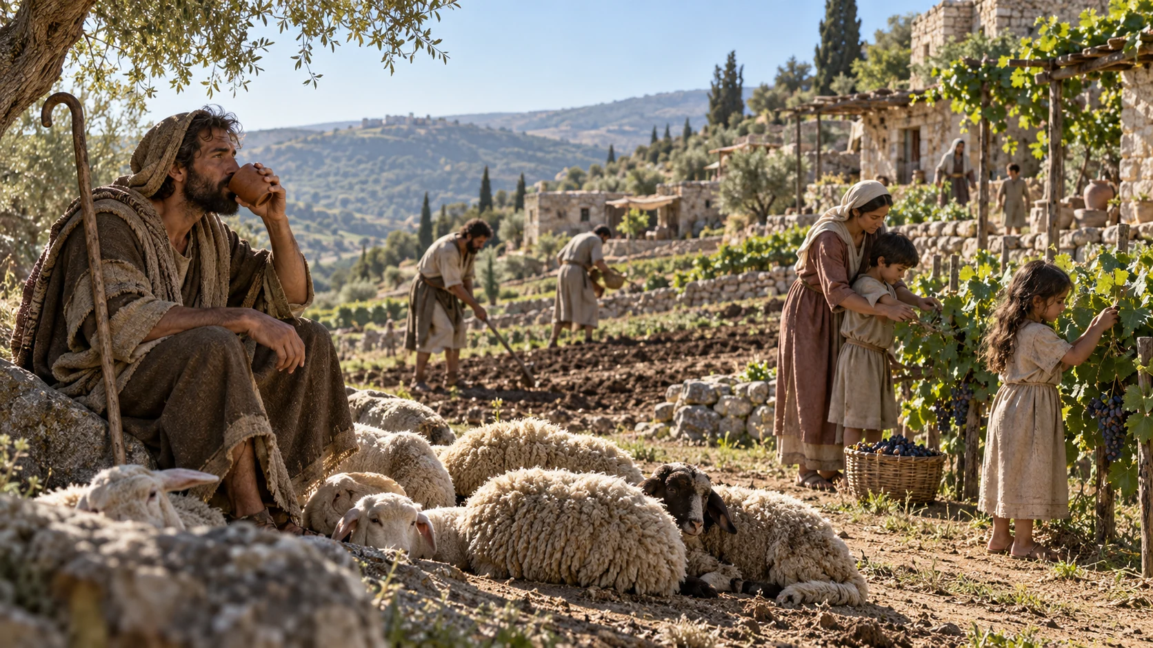 A shepherd rests as families plant and teach their children.