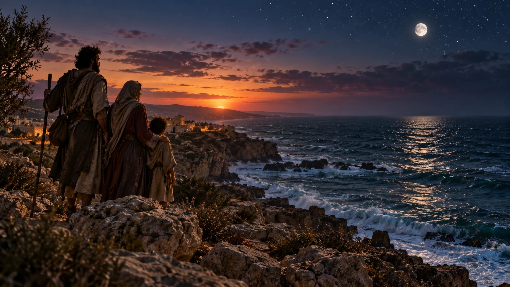 A family watches twilight over the restless sea.