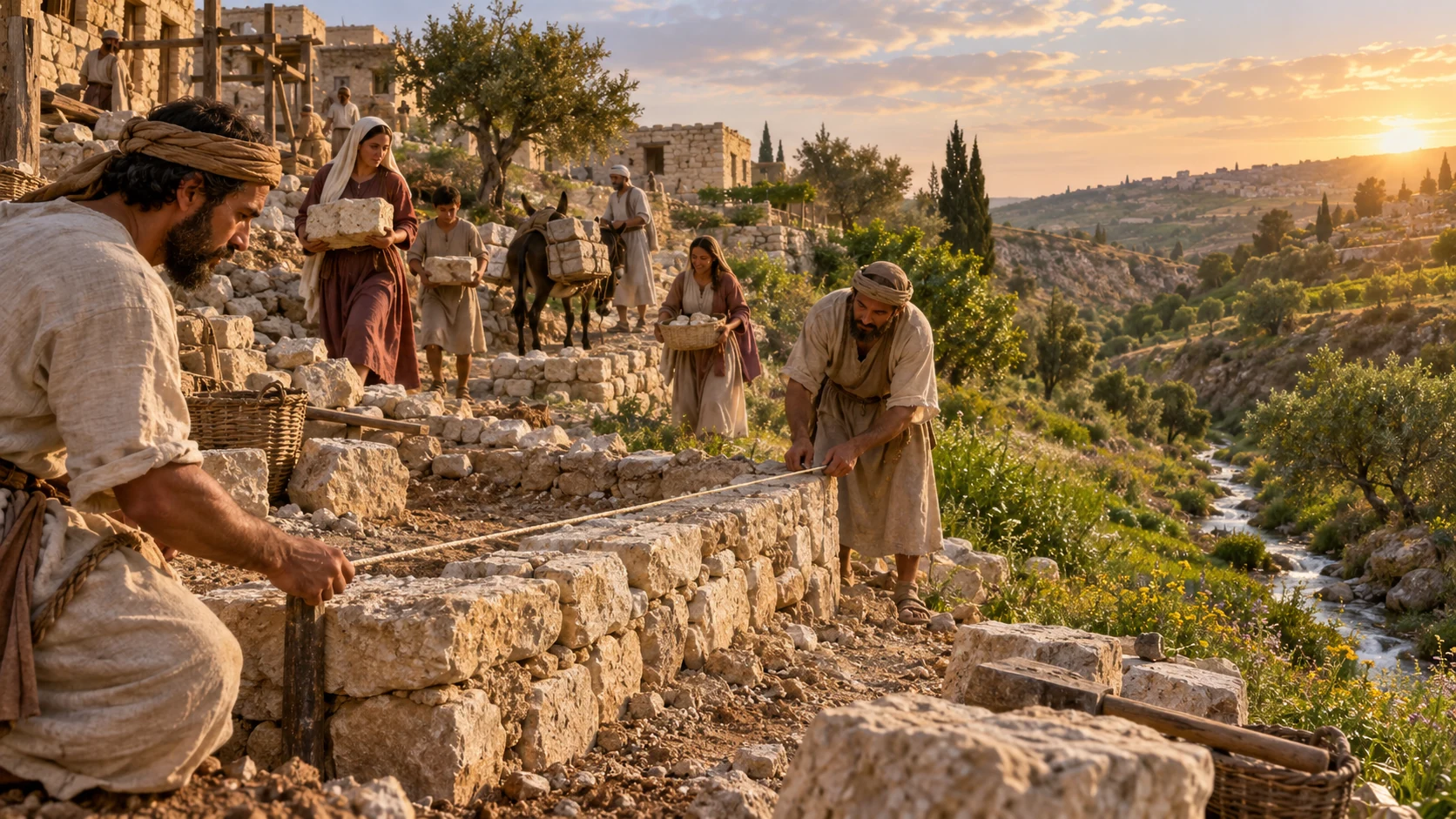 Workers measure a low stone foundation beside a green valley.