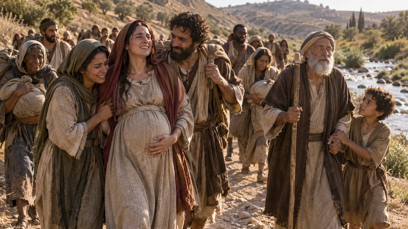 Families guide a pregnant woman and blind elder beside a stream.