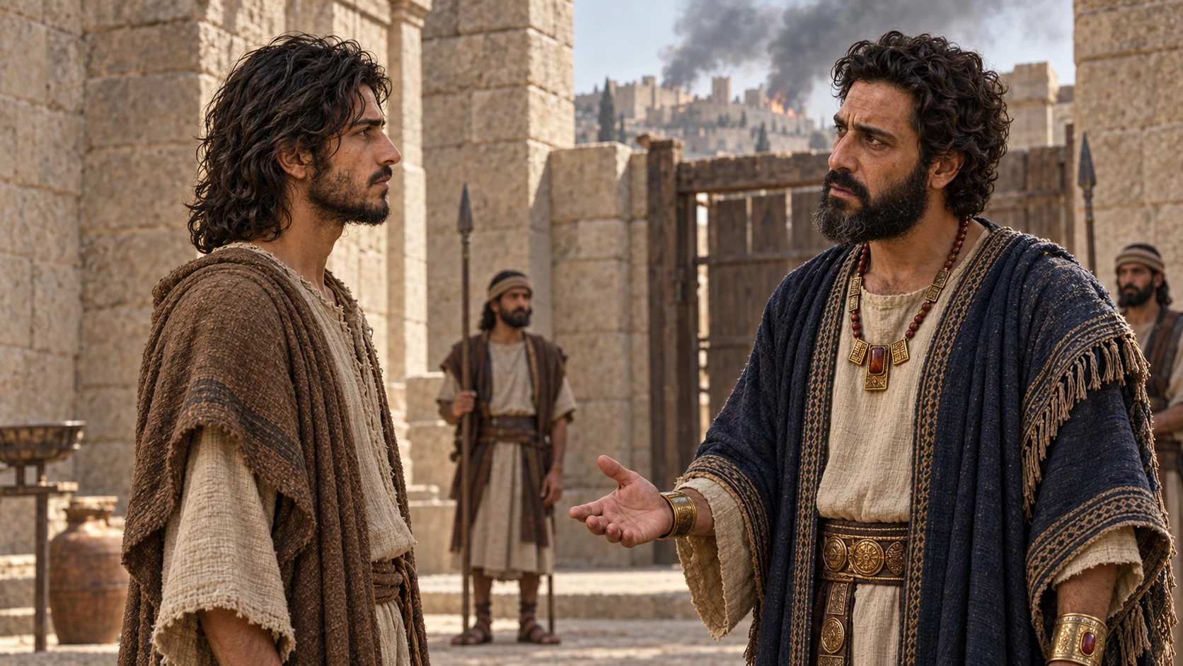 Jeremiah and Zedekiah face each other inside the guarded court.