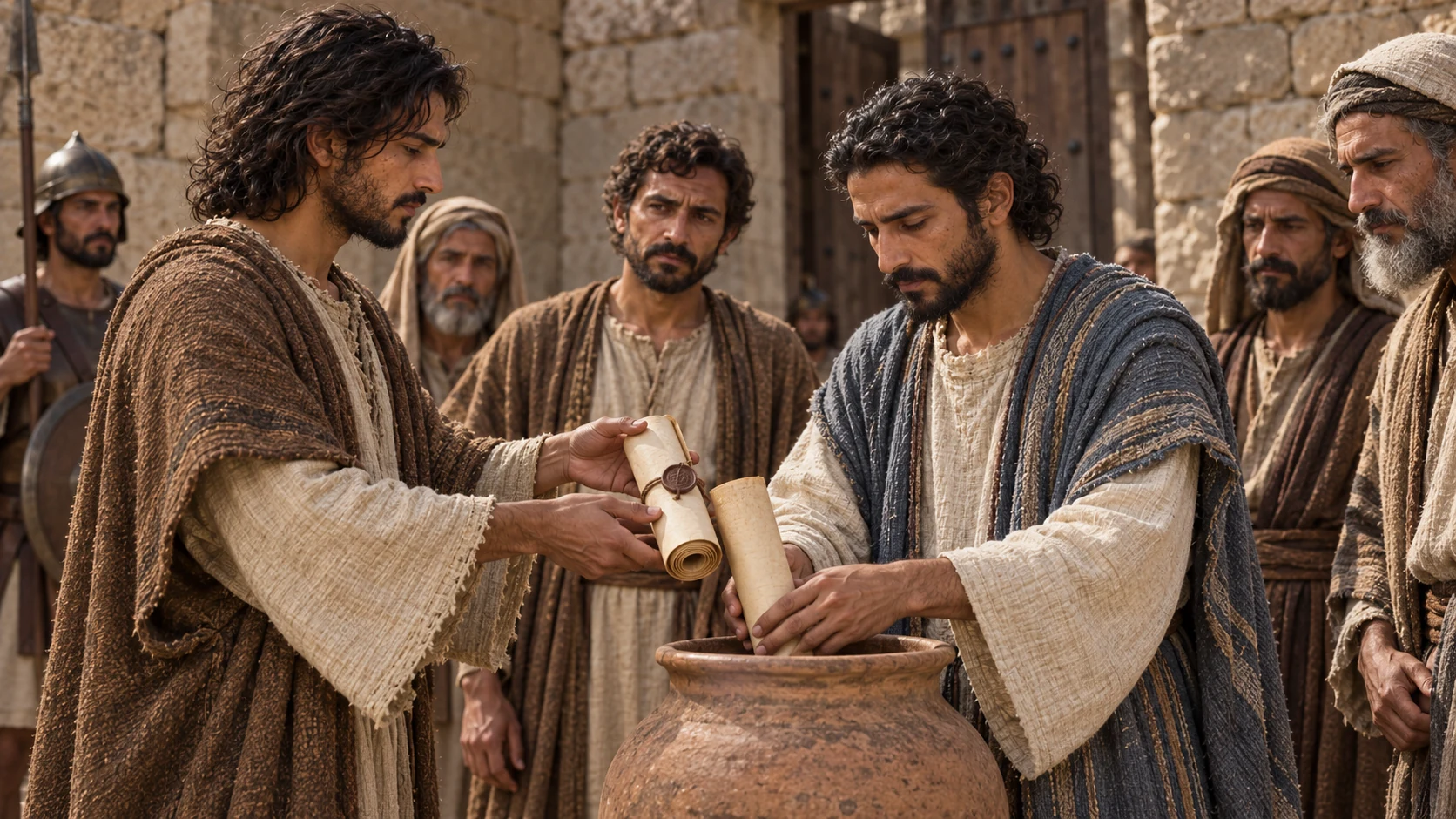 Jeremiah passes land documents to Baruch for an earthenware jar.