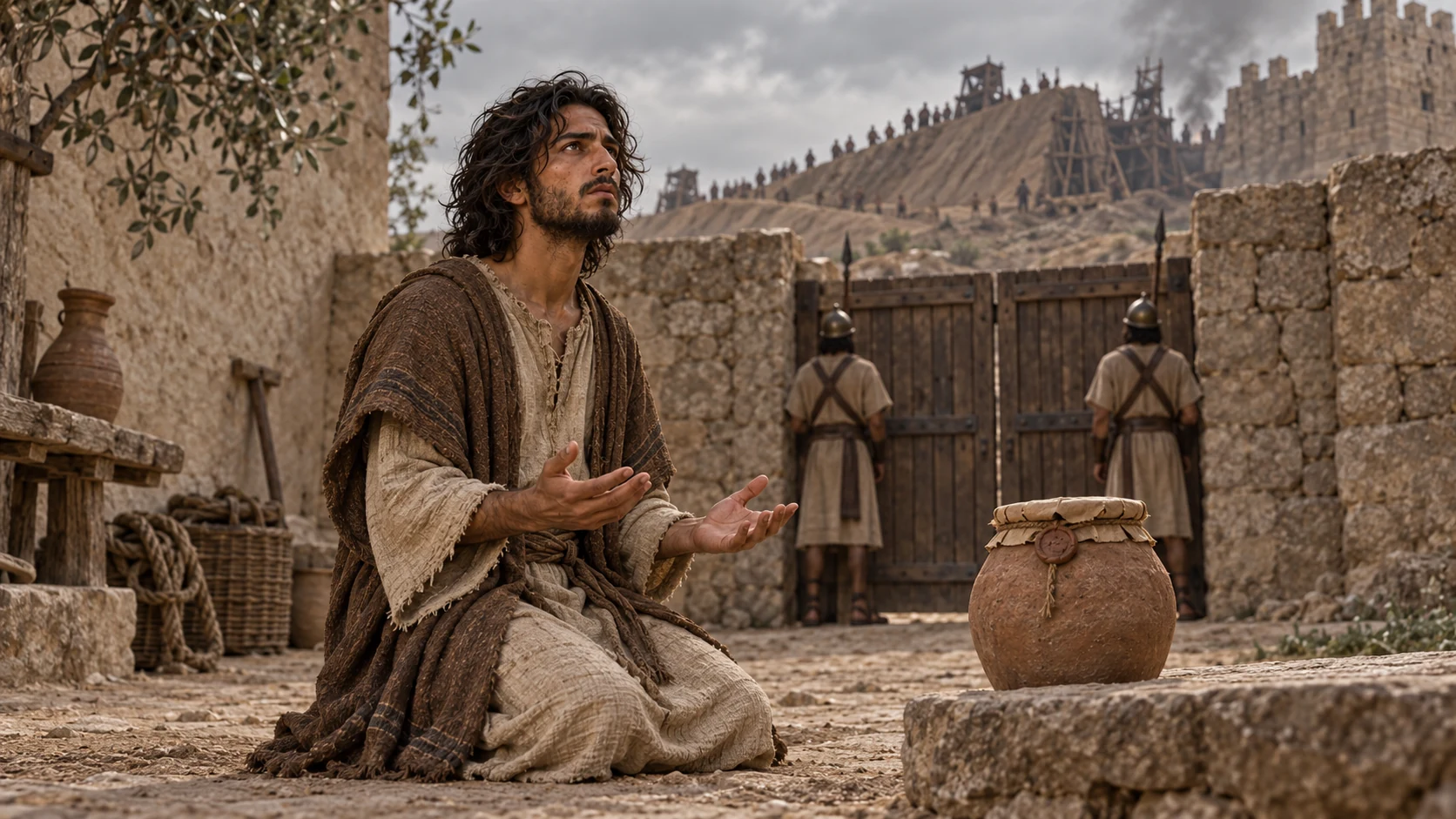 Jeremiah prays beside the sealed deed jar as a siege ramp rises beyond the gate.