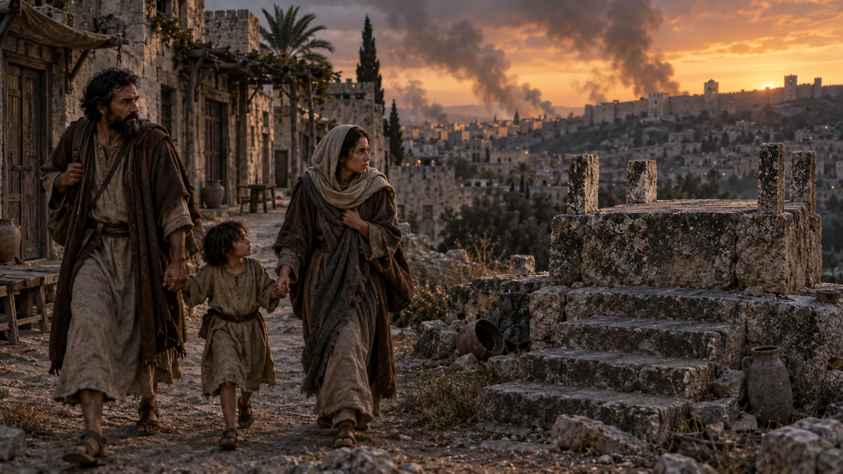 A family leaves a deserted shrine as smoke gathers over Jerusalem.