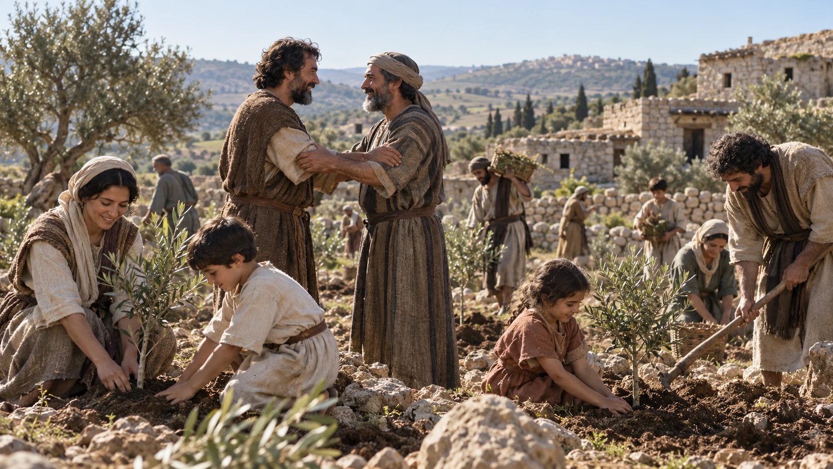 Returned neighbors reconcile as families plant olive saplings.