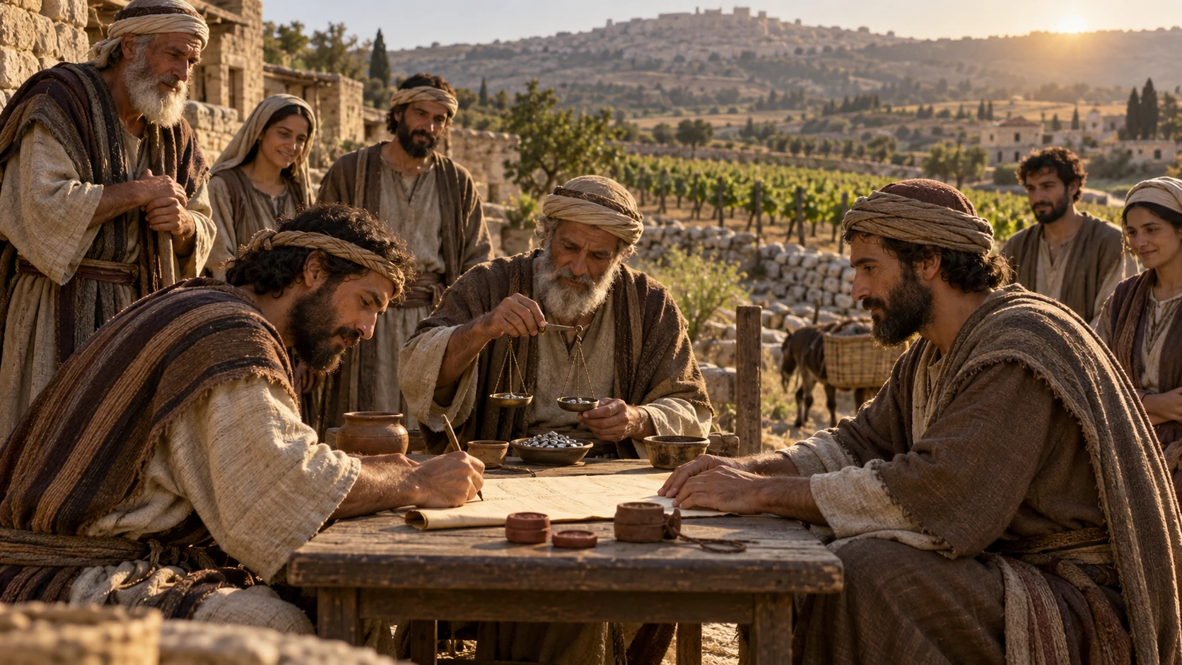 Farmers sign a deed and weigh silver near cultivated fields.
