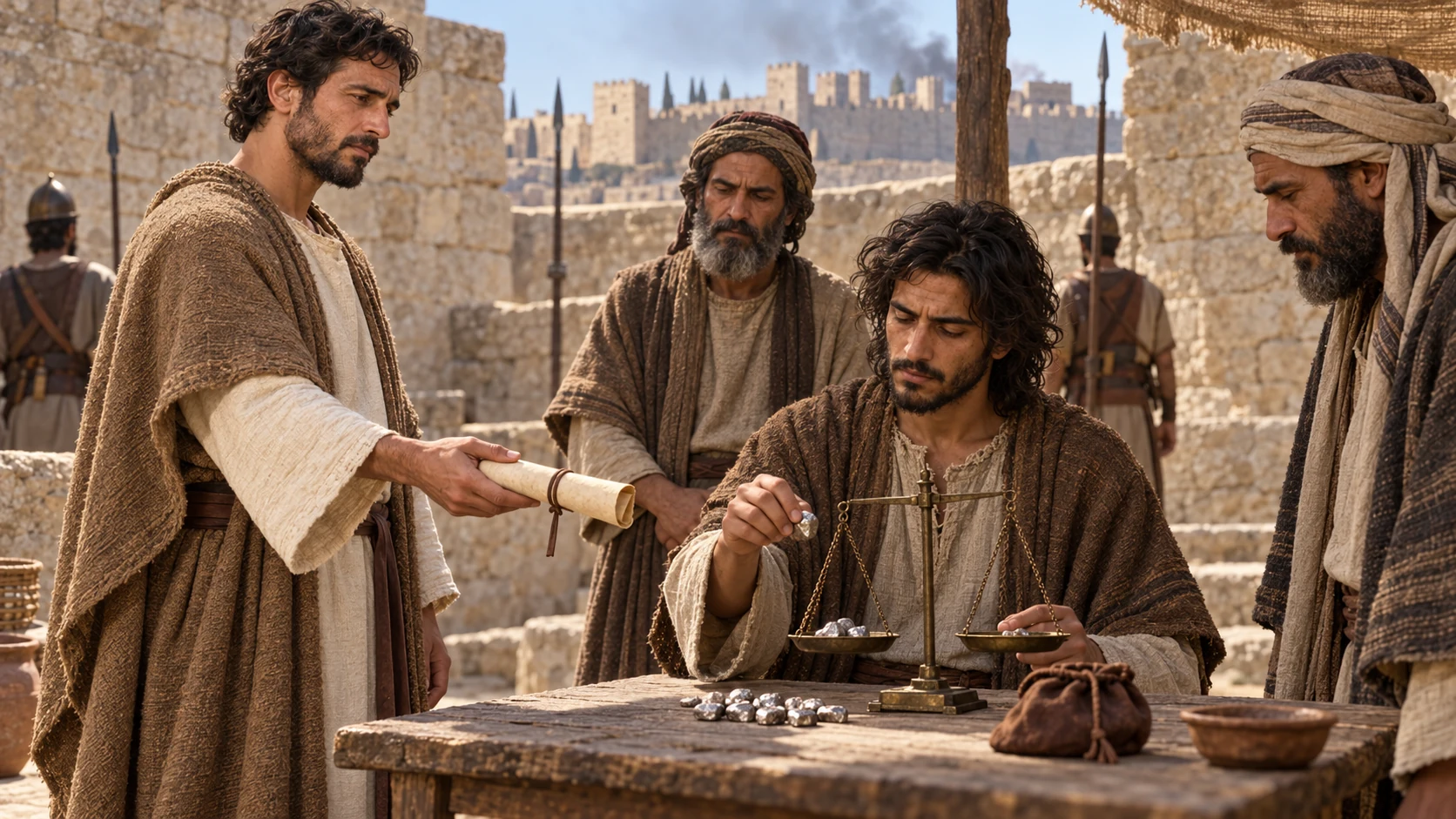 Hanamel presents the deed while Jeremiah weighs silver.