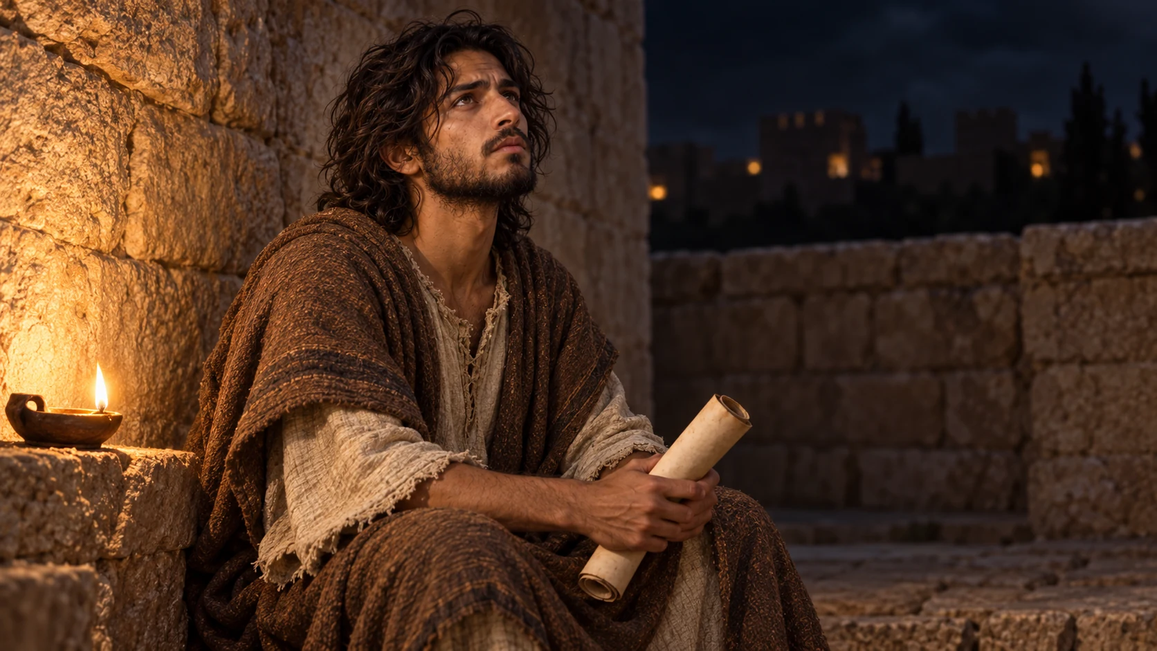 Jeremiah prays in a lamp-lit stone courtyard.