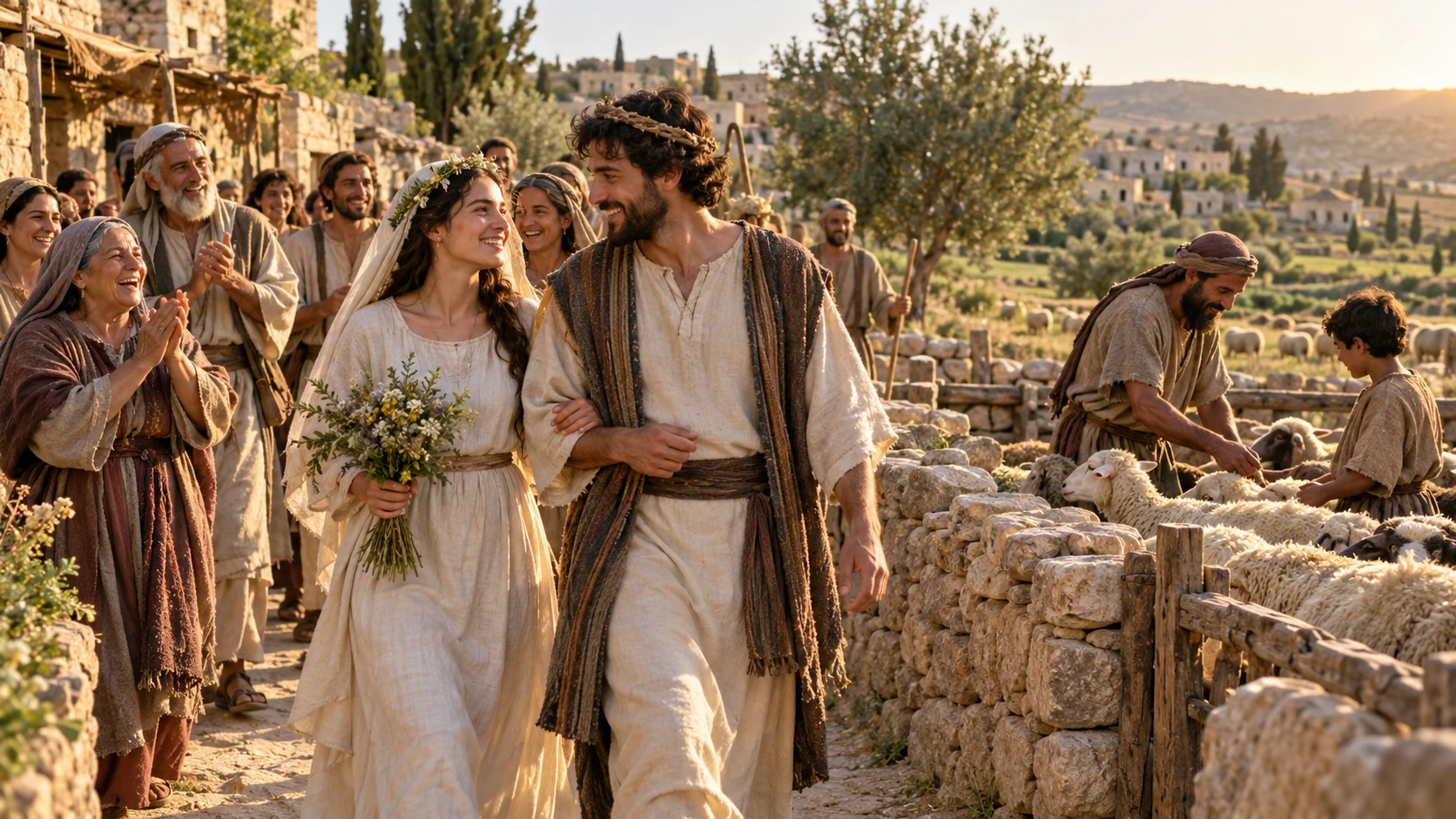 A wedding procession passes a counted flock.