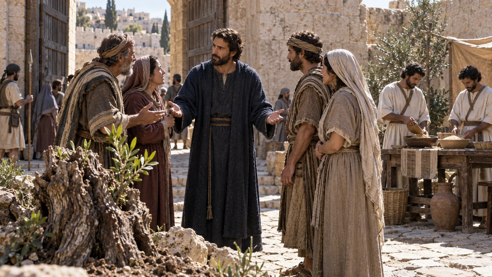 A fair leader reconciles neighbors beside an olive shoot.
