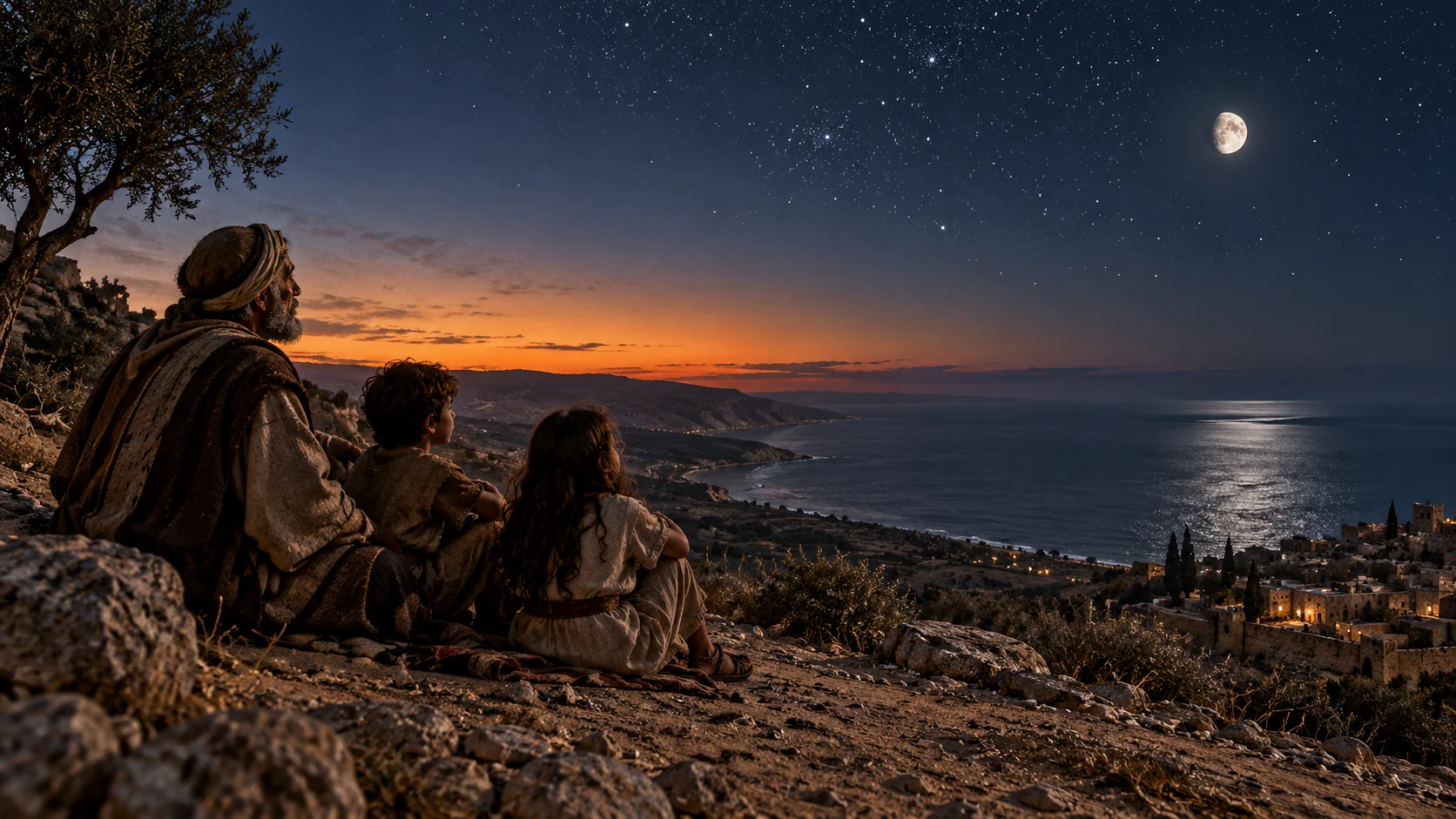 A parent and children watch stars above the sea at twilight.