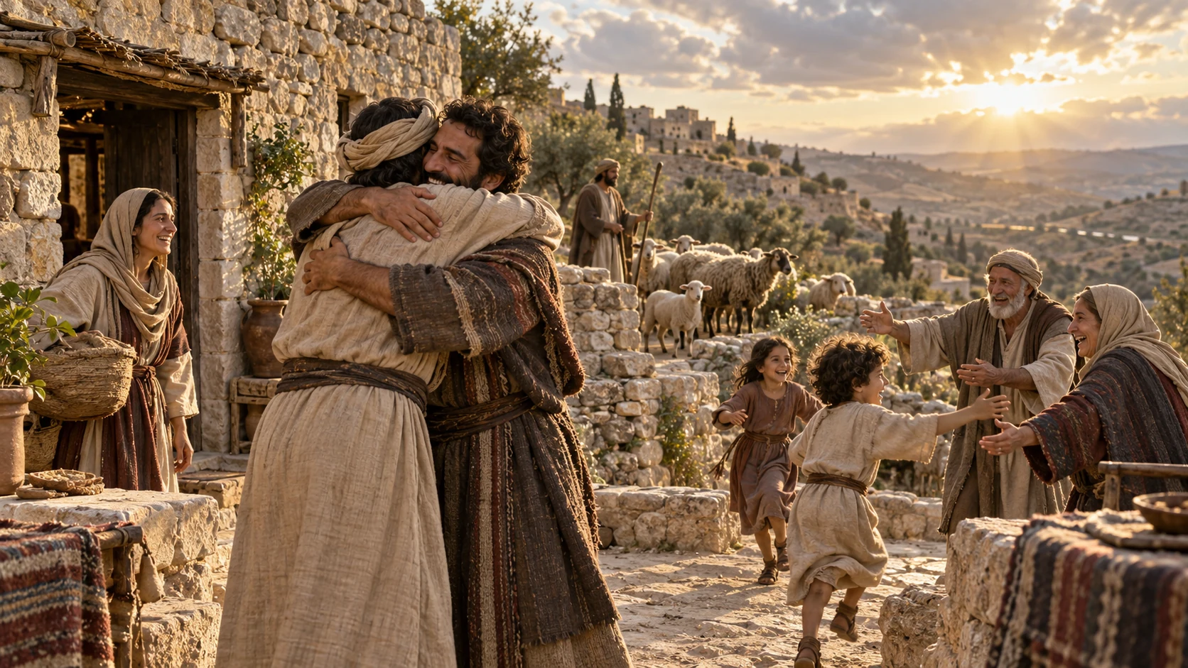 Relatives embrace beside a rebuilt home and resting flock.