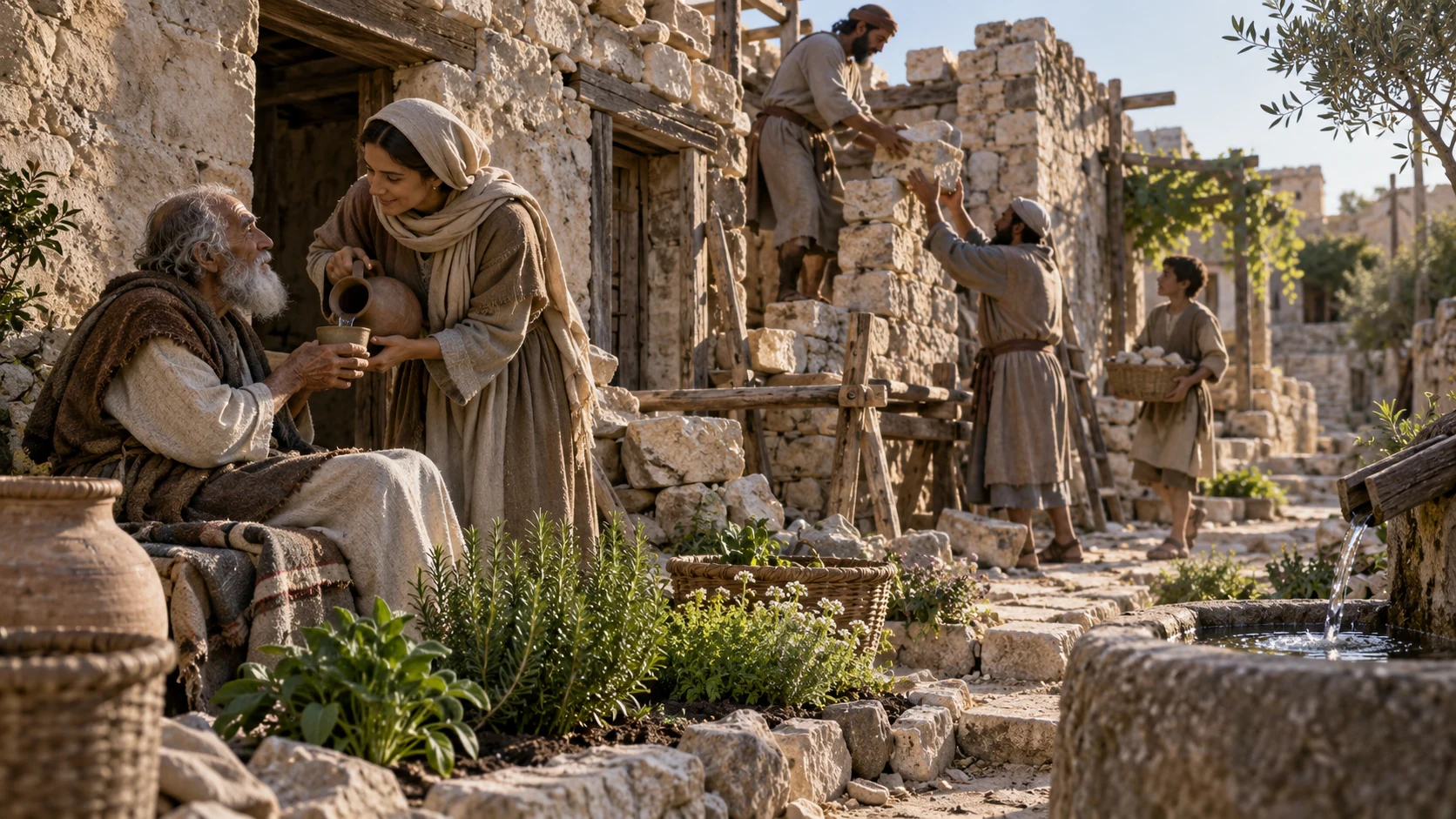 Neighbors rebuild a house and offer water to an elder.