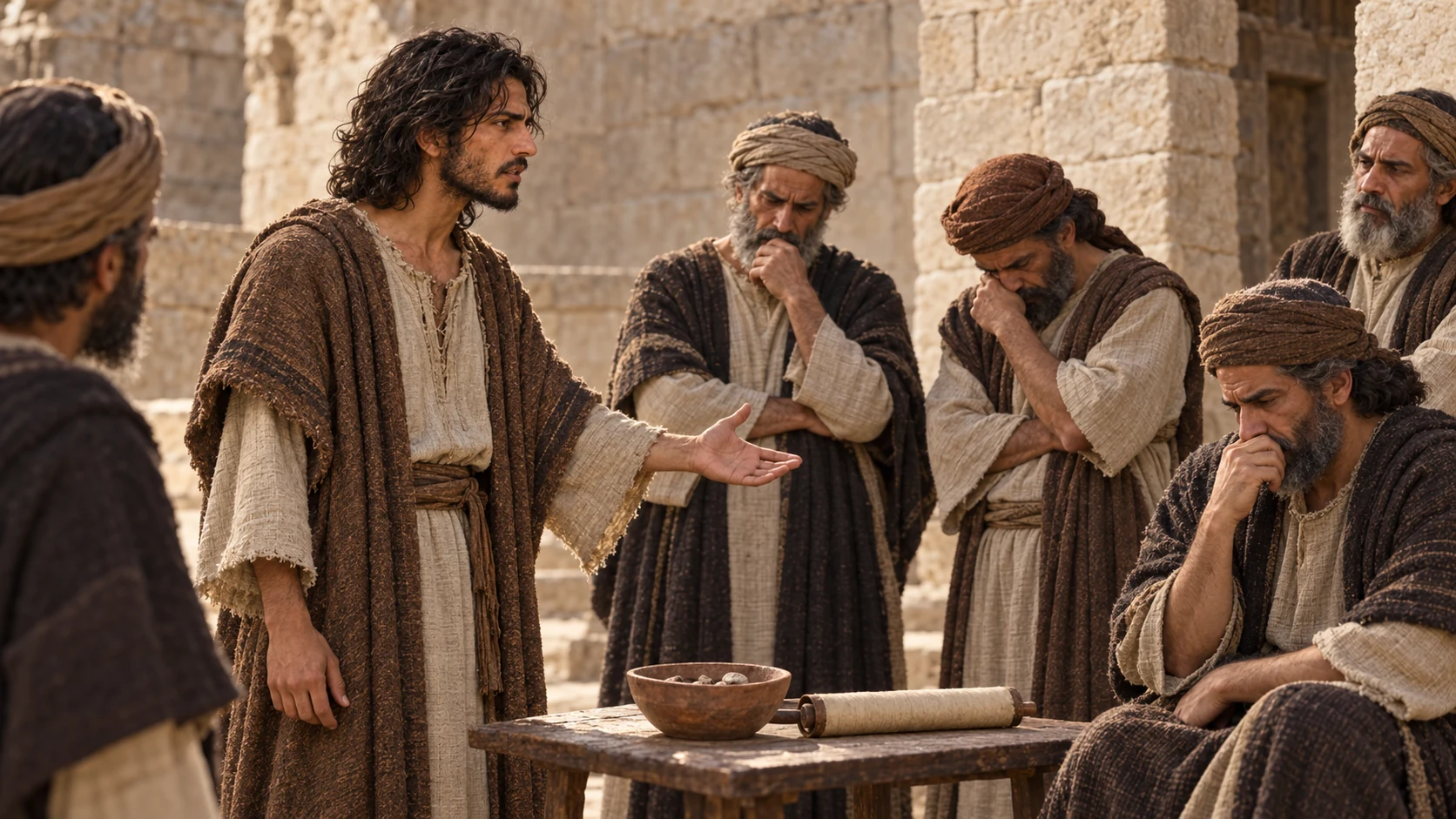 Jeremiah addresses ashamed civic leaders in a bare stone court.