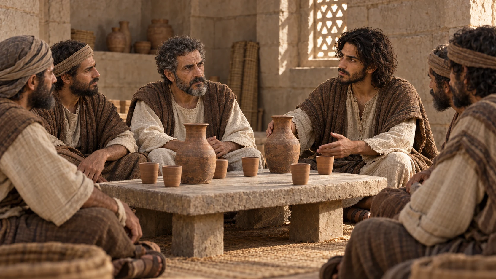 Jeremiah and Jaazaniah sit with the Rechabites before untouched cups.
