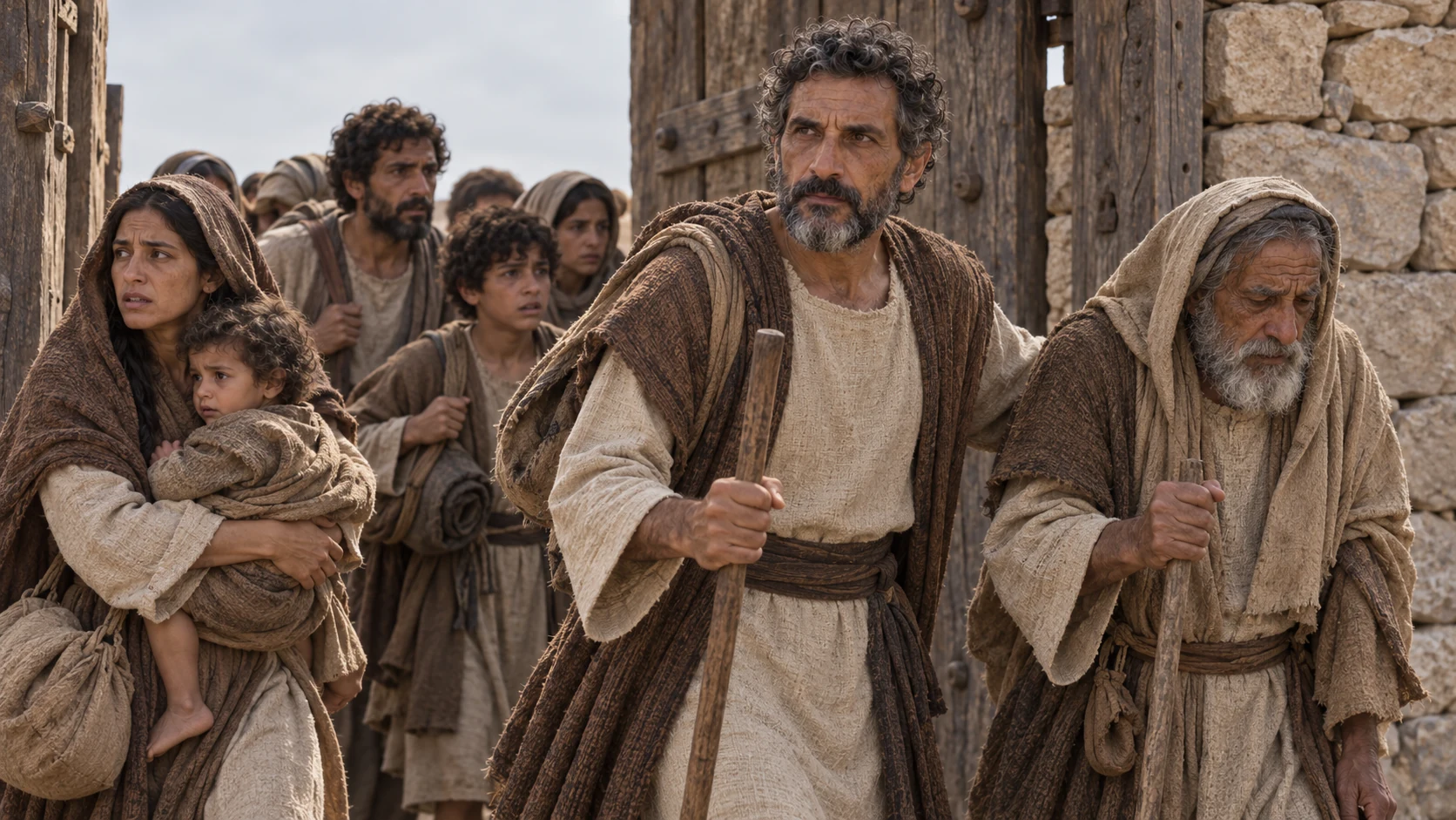 Jaazaniah guides his family and an elder through a simple city gate.