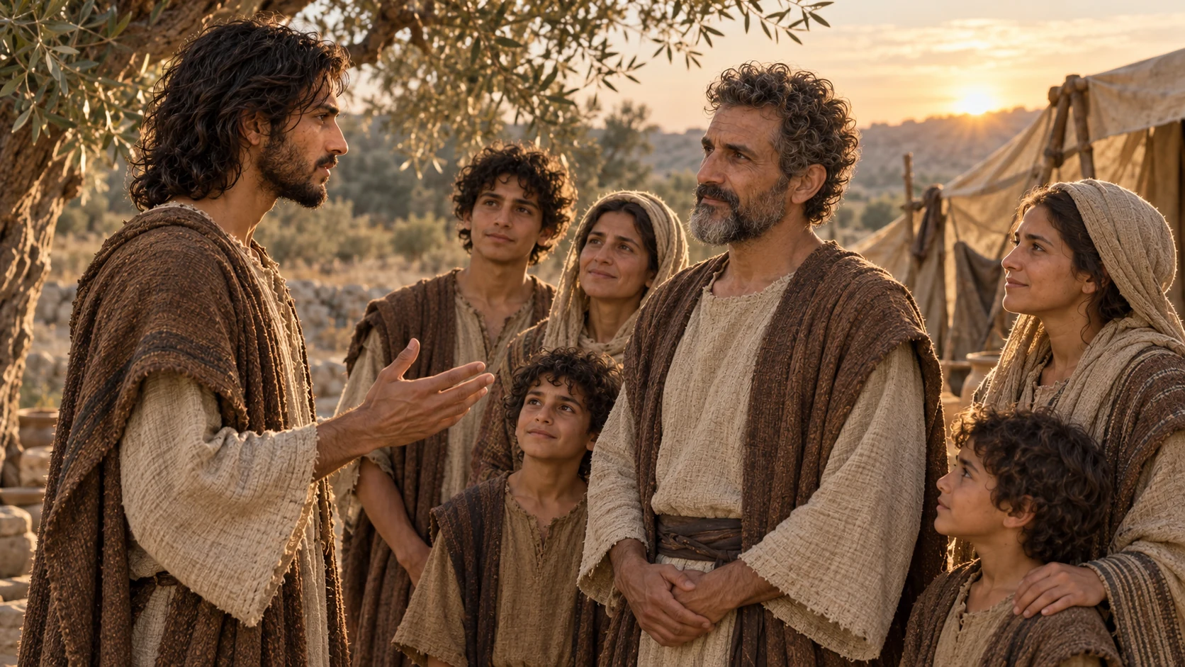 Jeremiah speaks to Jaazaniah and three generations of his family beside a tent.