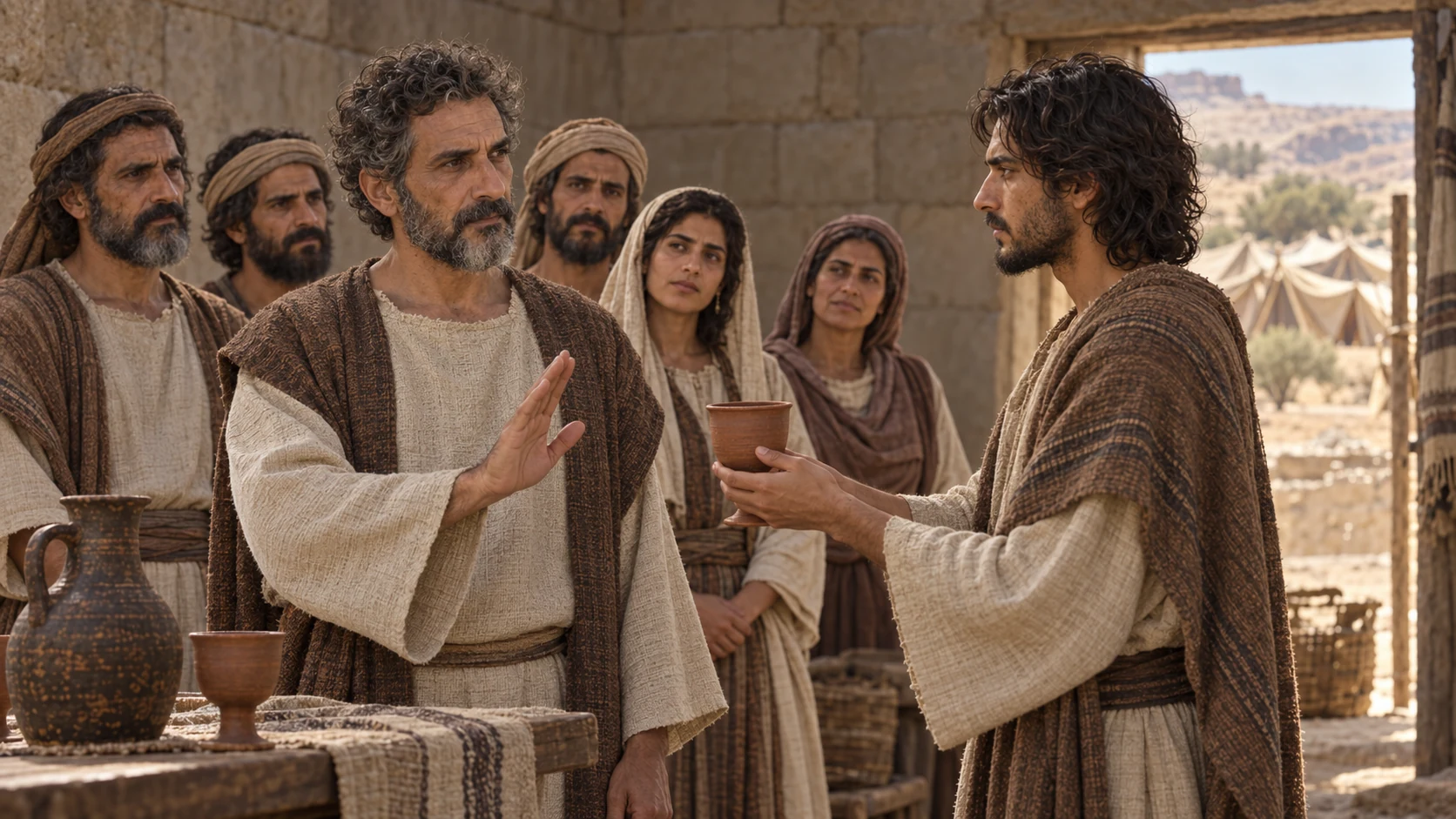 Jaazaniah declines a cup as his family stands with him.