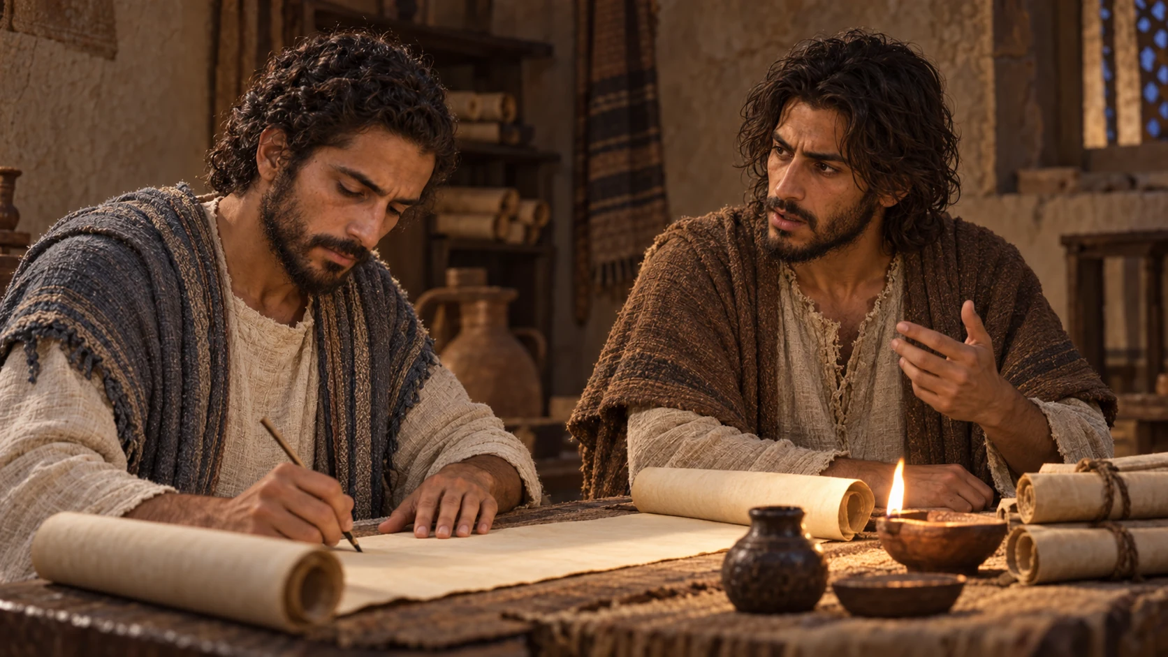 Jeremiah dictates while Baruch writes on a scroll by lamplight.