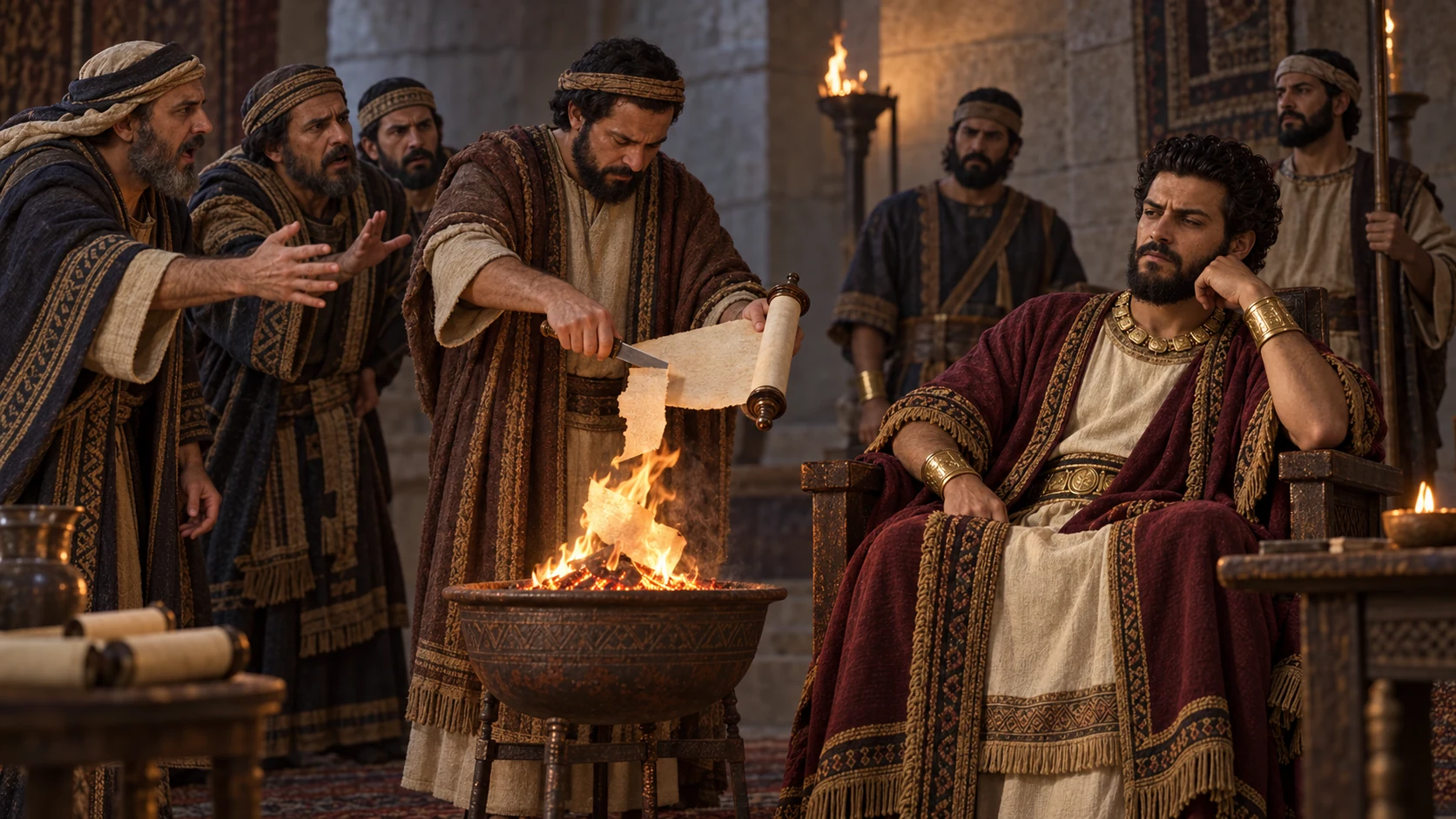 A court reader cuts a scroll into the brazier before an unmoved king.